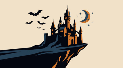 A spooky gothic castle stands tall on a dark mountain cliff © ani