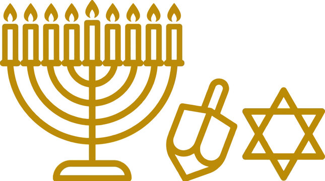 Golden menorah with lit candles alongside a dreidel and star of david