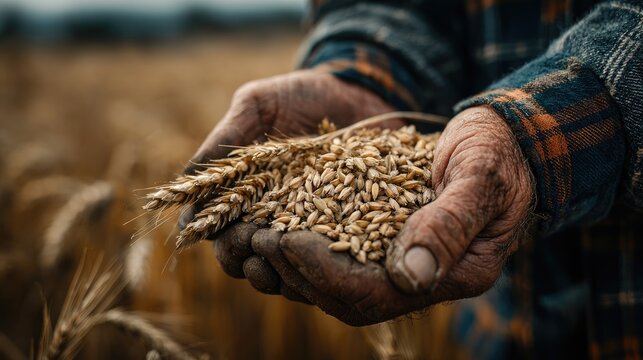 Dirty hands holding handful of ripe wheat grains.