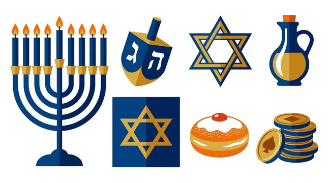 Traditional Hanukkah symbols including menorah dreidel and sufganiyot