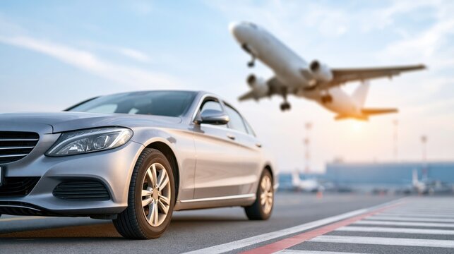 Silver sedan parked at airport with airplane taking off in background