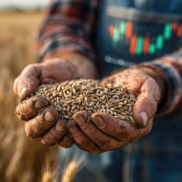 Dirty hands offering grain with digital market icons.