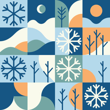 Abstract winter pattern featuring snowflakes and bare trees in cool blue tones