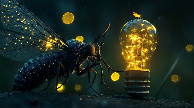 Firefly insect and glowing light bulb
