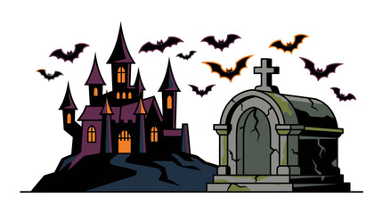 A spooky haunted castle stands near a weathered stone tomb with flying bats © arto