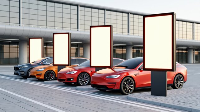 Diverse rental vehicles parked at an airport terminal near digital billboards