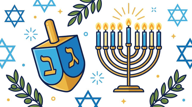 Festive Hanukkah illustration featuring a spinning dreidel and a lit menorah surrounded by stars