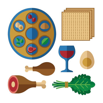 Flat vector illustration of traditional Passover Seder plate and symbolic holiday foods