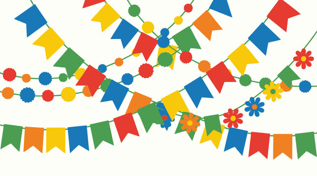 Colorful party bunting and garlands hanging against a plain white background