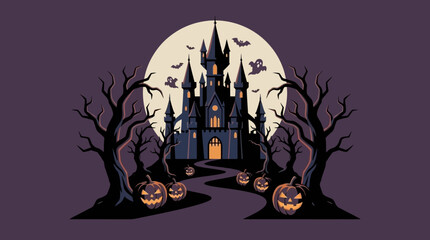 A spooky haunted castle stands under the glowing full moon at night © aryani