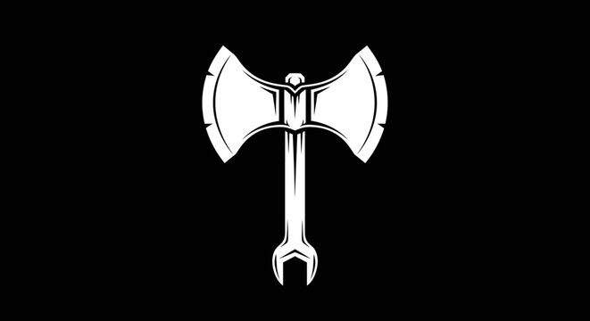 Double headed axe with a wrench handle logo.