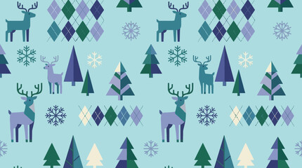 Seamless winter pattern with reindeer and pine trees on a light blue background © asmara