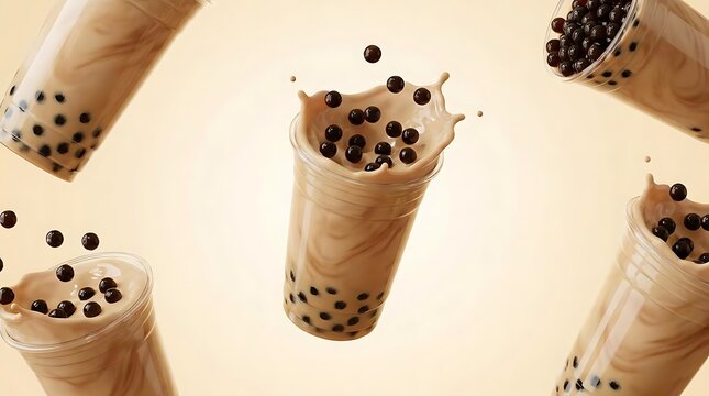 Floating cups of refreshing bobba tea with splashing milk tea and tapioca pearls captured in a creative dynamic composition against a soft neutral background