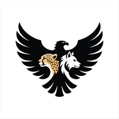 Fototapeta premium Black Eagle Crest Logo With Leopard And Wolf Head Vector, Abstract Eagle Emblem Animal Fusion Design, Tribal Eagle Wings Wildlife Symbol Illustration, Modern Black Bird Of Prey Mascot Logo Design