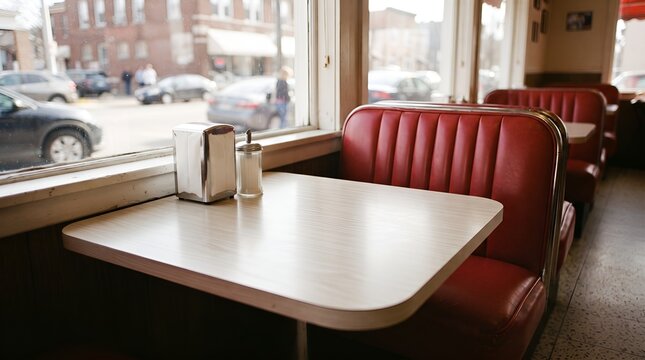 Empty vintage diner booth with red leather seating by the window.