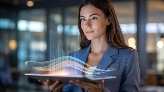 A woman in a blue suit holding a tablet with glowing abstract light waves and bar charts rising above the screen in an office