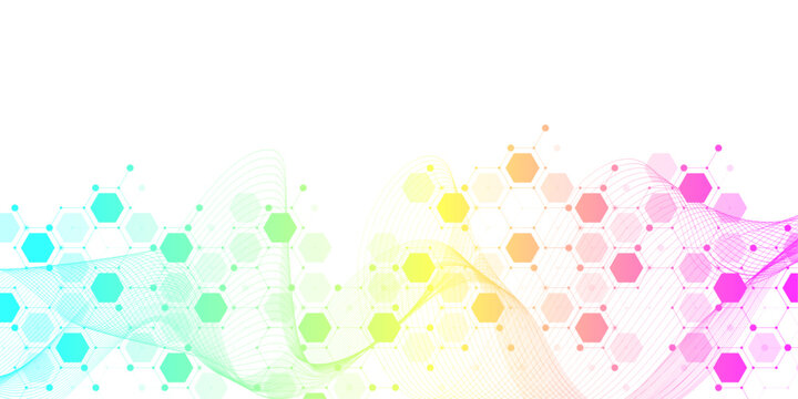 Molecular abstract structure and genetic engineering DNA. Healthcare and medicine background concept. Scientific research background. Wave flow. Innovation pattern. Vector illustration.