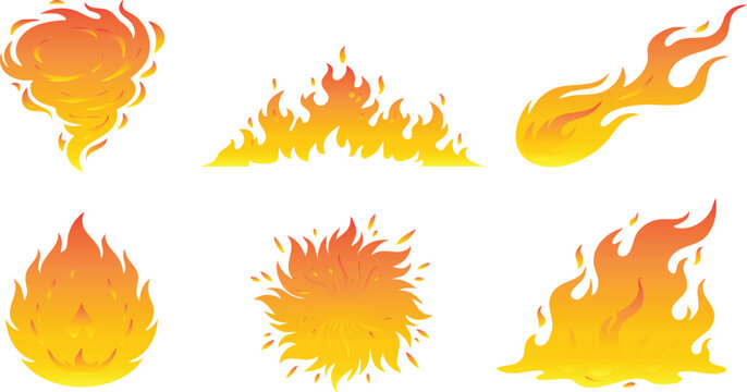 Magic element icons vector set. Colorful fantasy VFX spell effects including water wave, fire ball, wind vortex, lightning, and cosmic energy for game UI and design resource