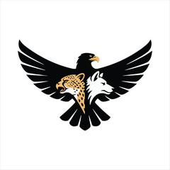 Fototapeta premium Black Eagle Crest Logo With Leopard And Wolf Head Vector, Abstract Eagle Emblem Animal Fusion Design, Tribal Eagle Wings Wildlife Symbol Illustration, Modern Black Bird Of Prey Mascot Logo Design