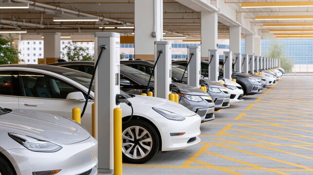 Row of electric vehicle charging stations in a modern airport parking structure