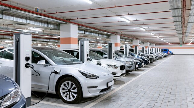 Row of electric vehicles charging in a modern airport parking garage