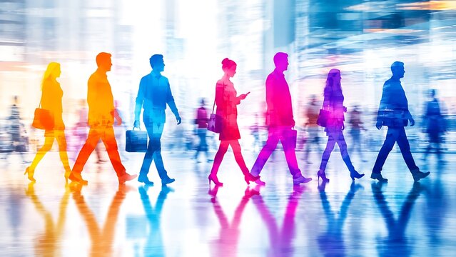 Diverse business professionals walking together in a vibrant colorful urban city environment
