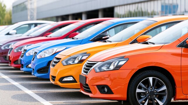 Row of colorful rental cars parked neatly in a lot under the sun