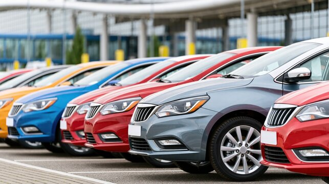 Row of colorful rental cars parked neatly in a lot outside a modern building