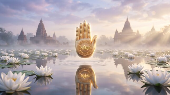 Paryushan Parva, sacred Jain symbol illuminated by golden spiritual light with blooming white lotus flowers