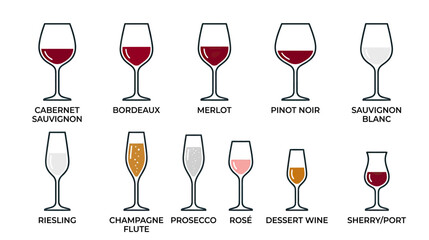 Obraz premium Variety of Wine Glasses with Different Wines and Types Labeled