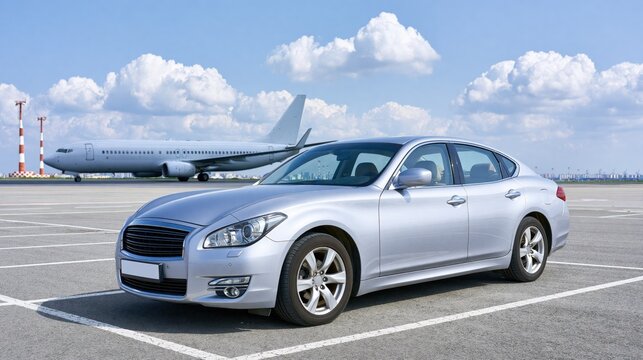 Silver sedan parked at airport lot with commercial airplane in background