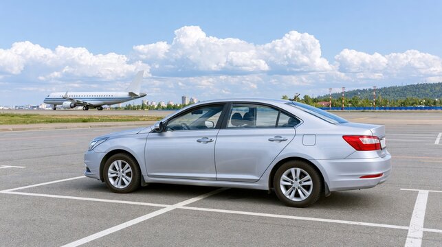Silver sedan parked in airport lot with airplane on runway in background