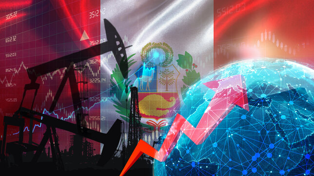 Global oil growth with Peruvian flag. International oil exports with Peru flag on the economic chart