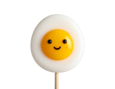 Cute Smiling Fried Egg Character on Wooden Stick