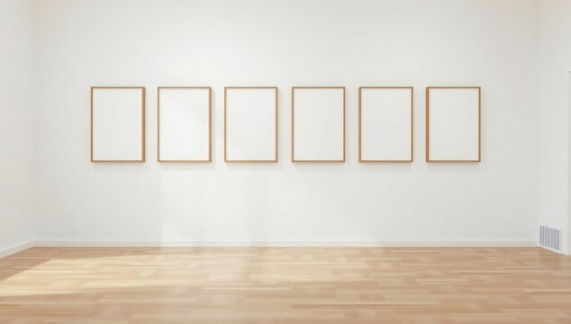 Six empty frames hanging on a white wall in a room with wooden floor