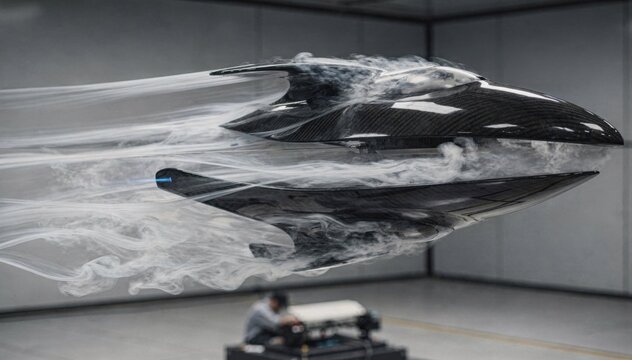 Dynamic medium shot focusing on aerodynamic testing of radome shapes using smoke visualization to analyze pressure distribution around futuristic radar nose cones.