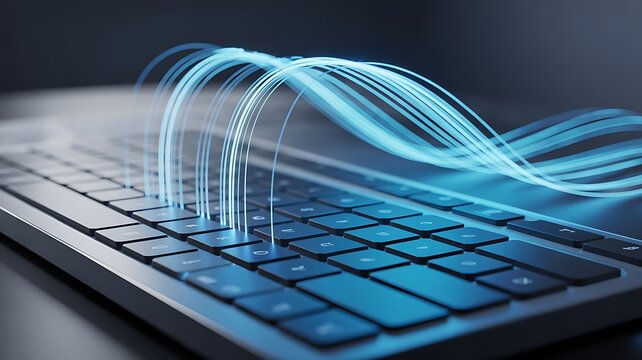 Glowing blue light waves flow across the surface of a computer keyboard representing speed data transmission and wireless network connectivity