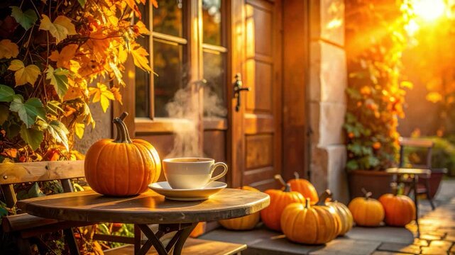 Autumnal scene with pumpkins, coffee, and sunlight by a wooden door