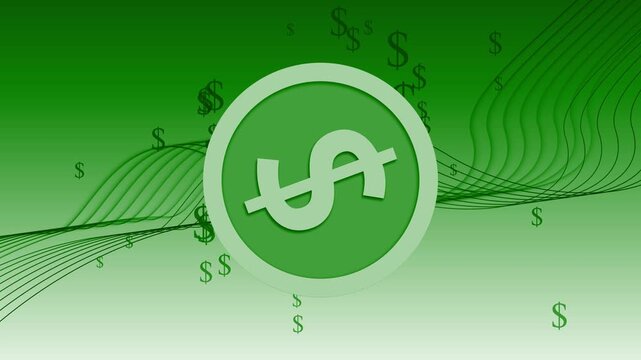 Central coin with dollar sign over wavy lines and scattered dollar symbols animation