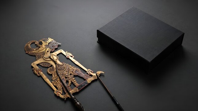 Indonesian Traditional Shadow Puppet Wayang Kulit with Black Gift Box.