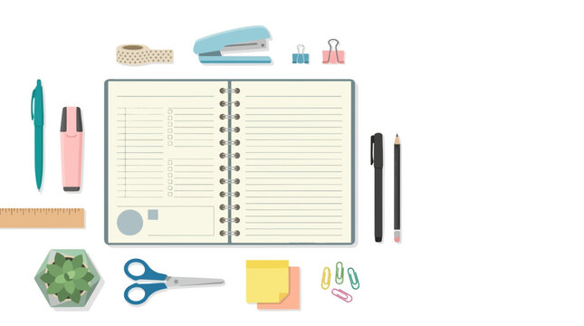 Organized Workspace Essentials: A neat arrangement of stationery, including a notebook, pens, scissors, stapler, and sticky notes, laid out for efficient planning and productivity.