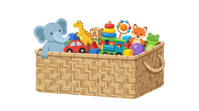 Toy Chest Overflowing: A woven basket brim-full with a vibrant collection of children's toys, including a playful elephant, a smiling fox, a red car, a friendly giraffe, and a cheerful train.