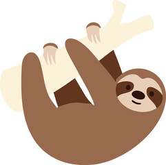 Smiling brown sloth hanging from branch illustration © KEI KATA