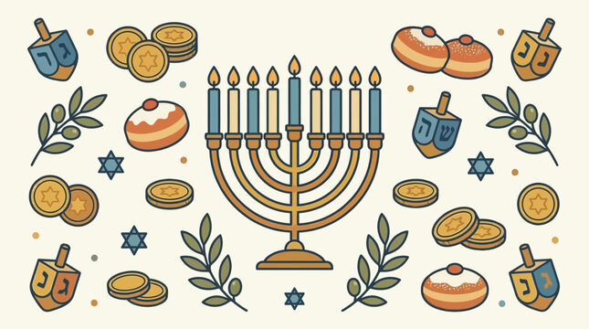 Festive Hanukkah menorah surrounded by dreidels and donuts