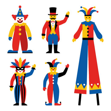 Flat vector illustration of circus performers and carnival characters