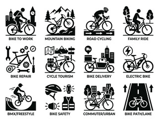 Obraz premium Bicycle Icons: Commuting, Sport, Leisure, and Repair - Vector Set