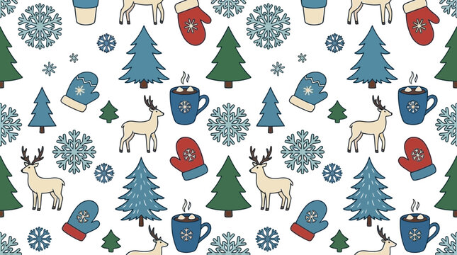 Seamless winter pattern with reindeer, pine trees, snowflakes, mittens and hot drinks