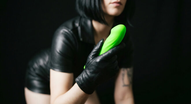 Woman in black leather dress and gloves holds a bright green dildo against a dark background.