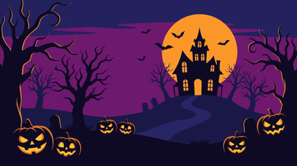 A spooky haunted house stands under a large glowing full moon © berdik