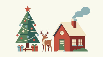 Festive winter scene with decorated tree and cozy house © berasere